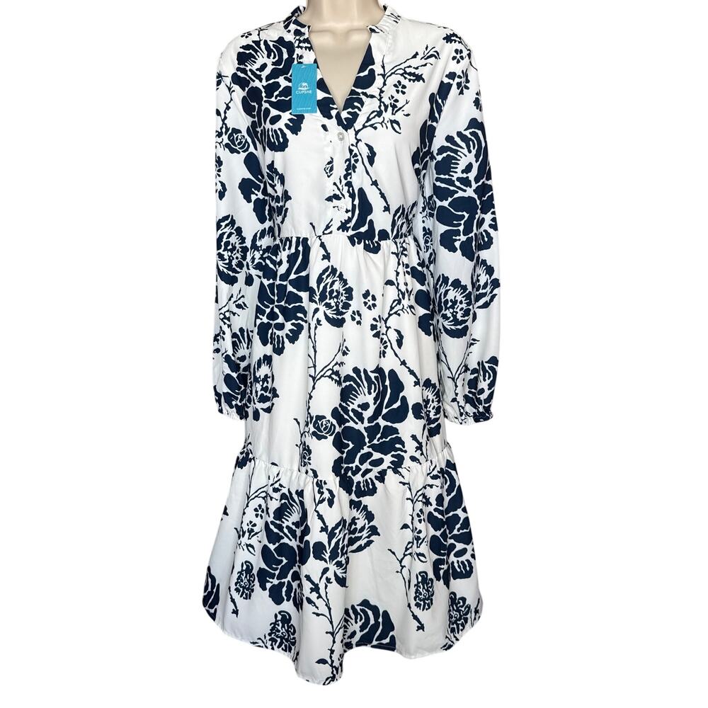 Cupshe White Navy Floral V Neck Midi Dress M NWT